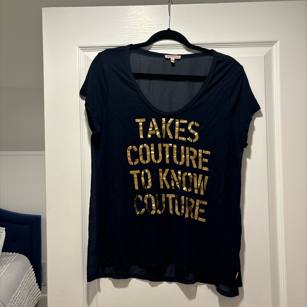 Juicy Couture Women’s Navy Blue and Gold Graphic Tee